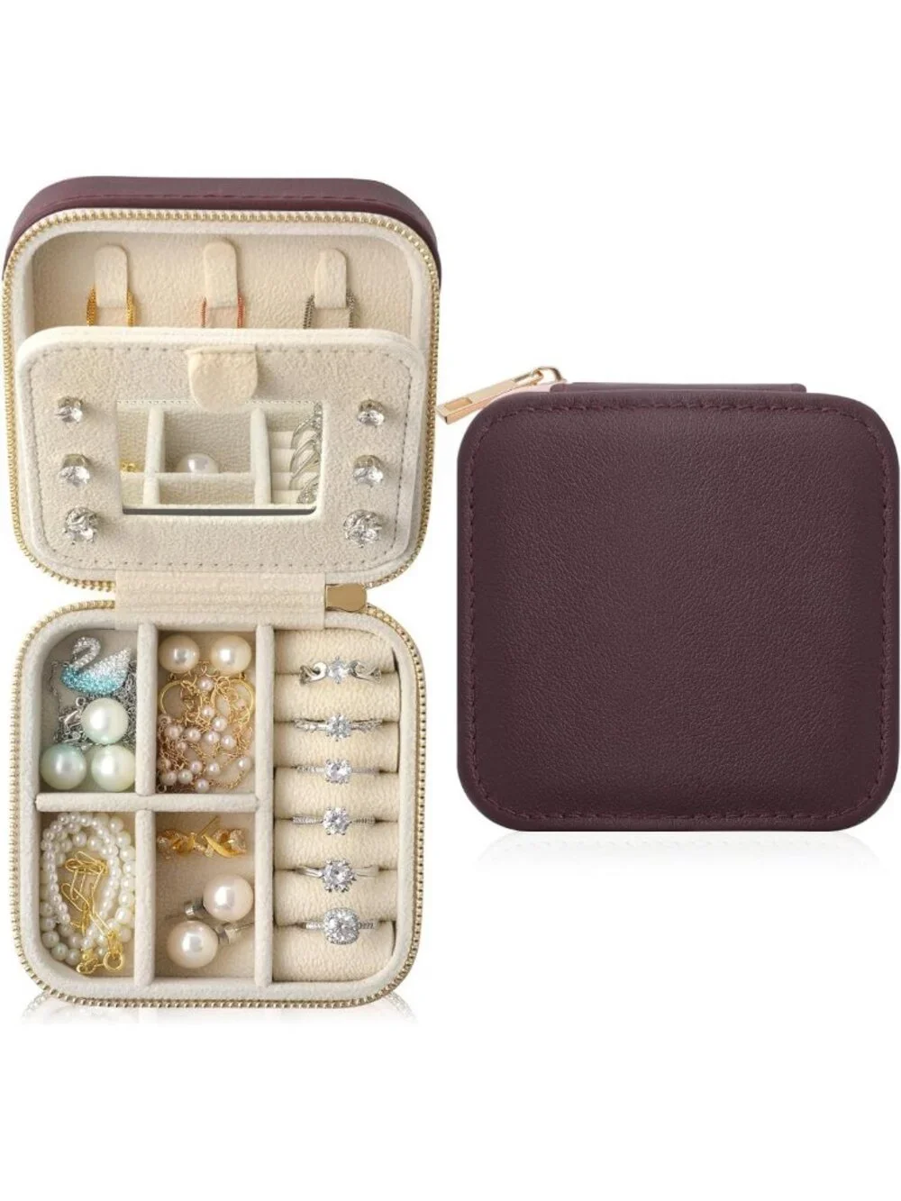Stylish Mini Leather Jewelry Organizer Case with Mirror for Travel - Burgundy